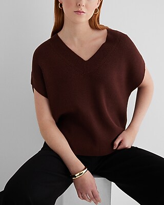 Ribbed V-Neck Short Sleeve Oversized Sweater Brown Women's M