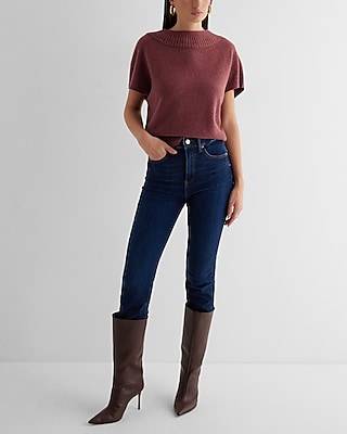 Crew Neck Short Sleeve Sweater Purple Women's S