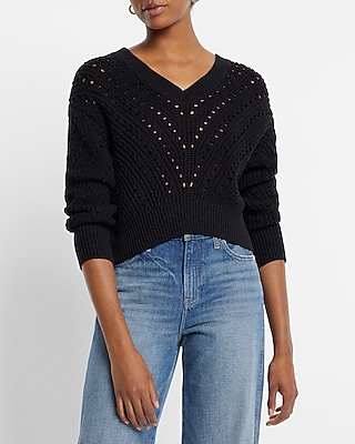 Open Stitch Double V-Neck Dolman Sleeve Sweater