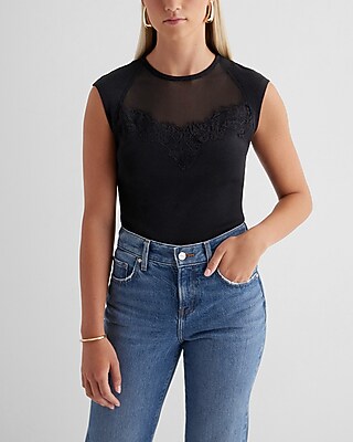 Fitted Lace Mesh Crew Neck Sweater