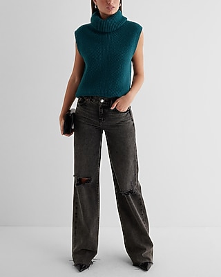 Ribbed Turtleneck Sweater Vest Green Women's S