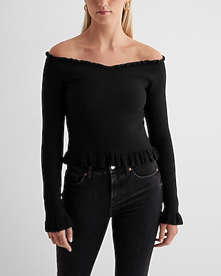 Fitted Ribbed Off The Shoulder Ruffle Sweater Black Women's M