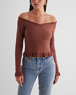 Fitted Ribbed Off The Shoulder Ruffle Sweater