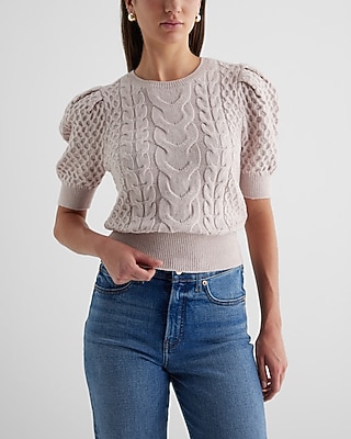 Cable Knit Crew Neck Puff Sleeve Sweater
