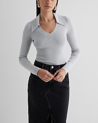Silky Soft Fitted V-Neck Polo Sweater Gray Women's S