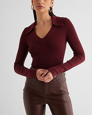 Silky Soft Fitted V-Neck Polo Sweater Red Women's M
