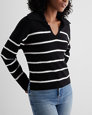 Relaxed Striped V-Neck Polo Sweater Black Women's L