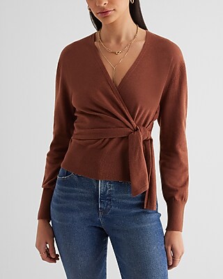 Long Sleeve Surplice Tie Waist Sweater Brown Women's XS