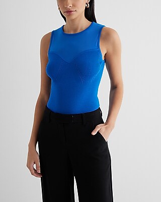 Fitted Mesh Ribbed Crew Neck Sweater Tank Blue Women's S