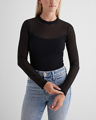 Mesh Ribbed Long Sleeve Sweater Bodysuit