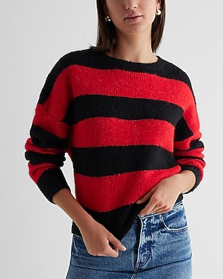 Striped Fuzzy Knit Crew Neck Sweater Red Women's S