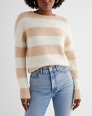Striped Fuzzy Knit Crew Neck Sweater Multi-Color Women's M