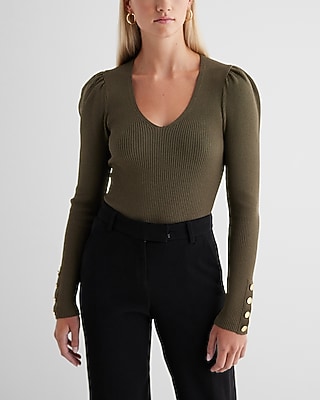 Silky Soft Fitted Puff Sleeve Novelty Button Sweater Green Women's S