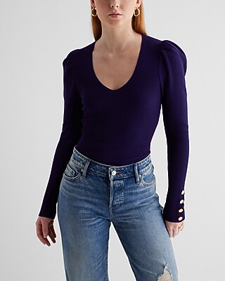 Silky Soft Fitted Puff Sleeve Novelty Button Sweater Purple Women's L