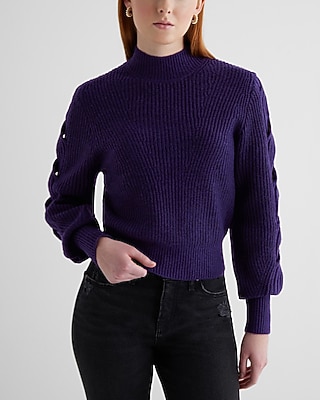 Mock Neck Braid Knit Sleeve Sweater Purple Women's XS