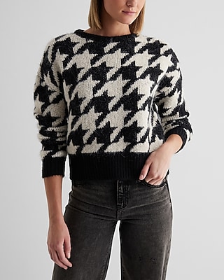 Houndstooth Fuzzy Knit Crew Neck Sweater Black Women's XS