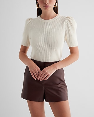 Ribbed Crew Neck Puff Sleeve Sweater