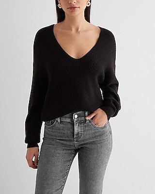 Relaxed Ribbed V-Neck Sweater Black Women's XS