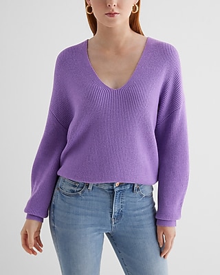 Relaxed Ribbed V-Neck Sweater Purple Women's L