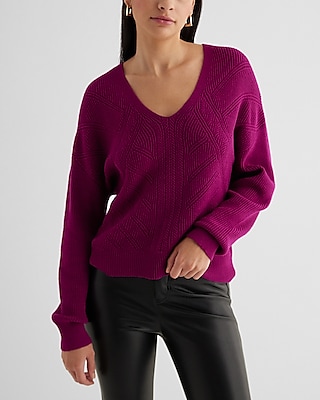 Relaxed Stitched V-Neck Long Sleeve Sweater Pink Women's S