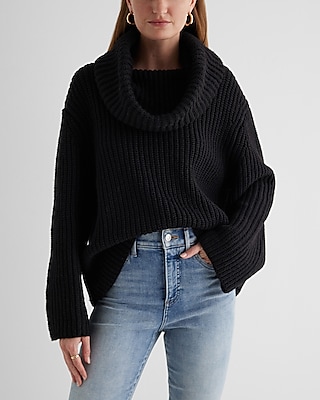 Ribbed Cowl Neck Sweater Black Women's L