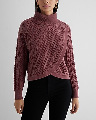 Reversible Cable Knit Mock Neck Crossover Sweater Purple Women's M