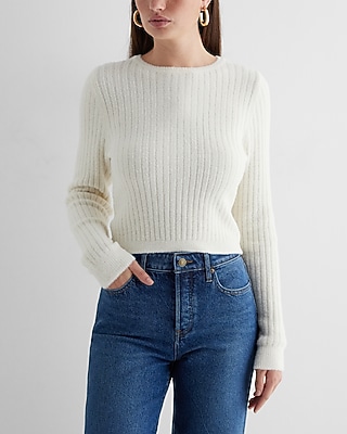 Fitted Ribbed Plush Knit Crew Neck Sweater White Women's L
