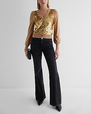 Sequin Button Front Cardigan Brown Women's XL