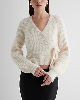 Fuzzy Ribbed Surplice Tie Sweater