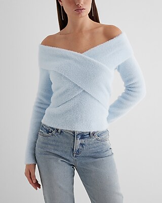 Faux Fur Off The Shoulder Surplice Sweater Blue Women's L