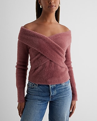 Faux Fur Off The Shoulder Surplice Sweater Purple Women's S