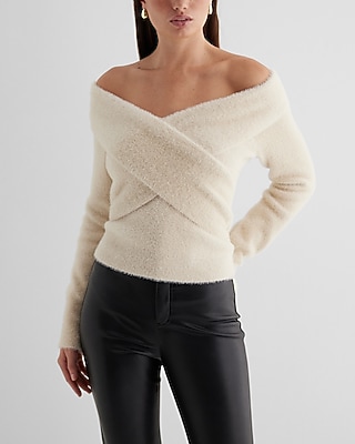 Faux Fur Off The Shoulder Surplice Sweater
