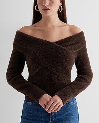Faux Fur Off The Shoulder Surplice Sweater Brown Women's S
