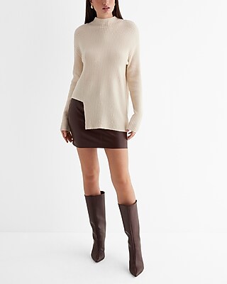 Ribbed Mock Neck Asymmetrical Hem Sweater Neutral Women's XS