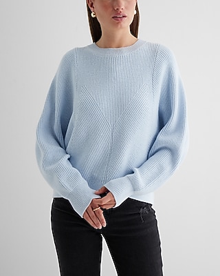 Ribbed Crew Neck Long Sleeve Sweater Blue Women's XS