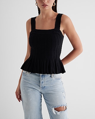 Square Neck Pleated Peplum Sweater Tank Black Women's M