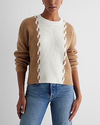 Cable Knit Color Block Crew Neck Sweater Brown Women's M