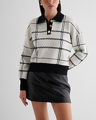 Plaid Novelty Button Polo Sweater White Women's S