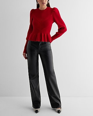 Ribbed Crew Neck Puff Sleeve Peplum Sweater Red Women's S