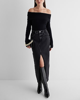 Ribbed Fitted Off The Shoulder Overlay Sweater Black Women's XS