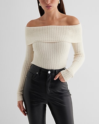 Ribbed Fitted Off The Shoulder Overlay Sweater White Women's M
