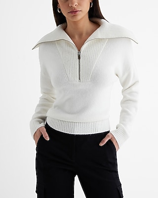 Quarter Zip Oversized Collar Sweater White Women's XS
