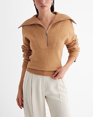 Quarter Zip Oversized Collar Sweater Brown Women's S