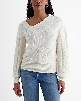 Cable Knit Asymmetrical Long Sleeve Sweater White Women's XS