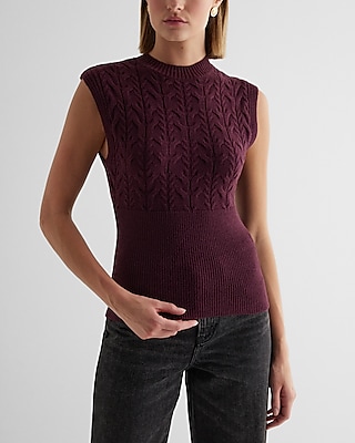 Cable Knit Ribbed Crew Neck Cap Sleeve Sweater