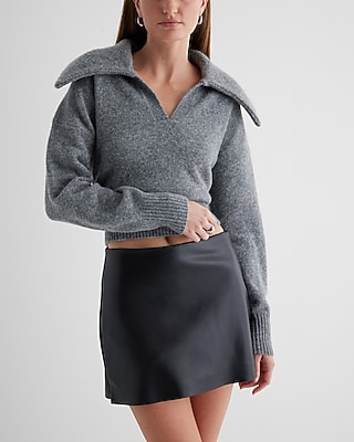 V-Neck Long Sleeve Polo Sweater Gray Women's S