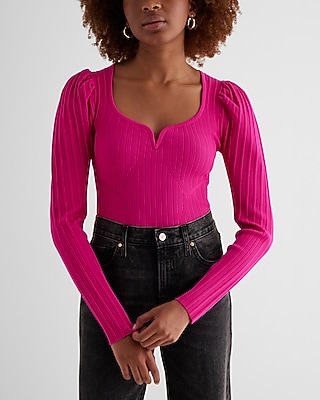 Ribbed Sweetheart Neckline Puff Sleeve Sweater Pink Women's XL