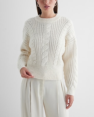 Cable Knit Crew Neck Sweater White Women's XS