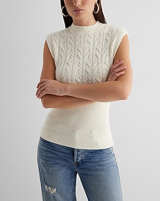 Cable Knit Ribbed Crew Neck Cap Sleeve Sweater