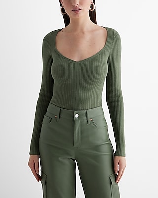 Fitted Ribbed Sweetheart Neckline Sweater Green Women's L